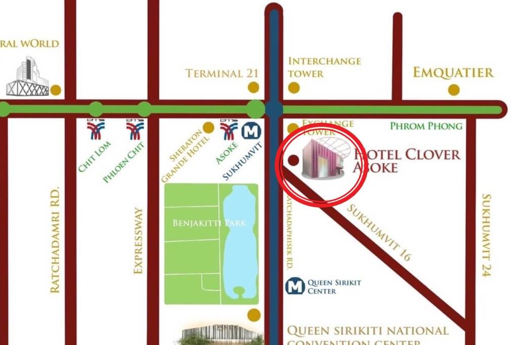 Hotel Clover Asoke is approximately a 4-minute walk to BTS Asok Station and about a 6-minute walk to MRT Sukhumvit Station.