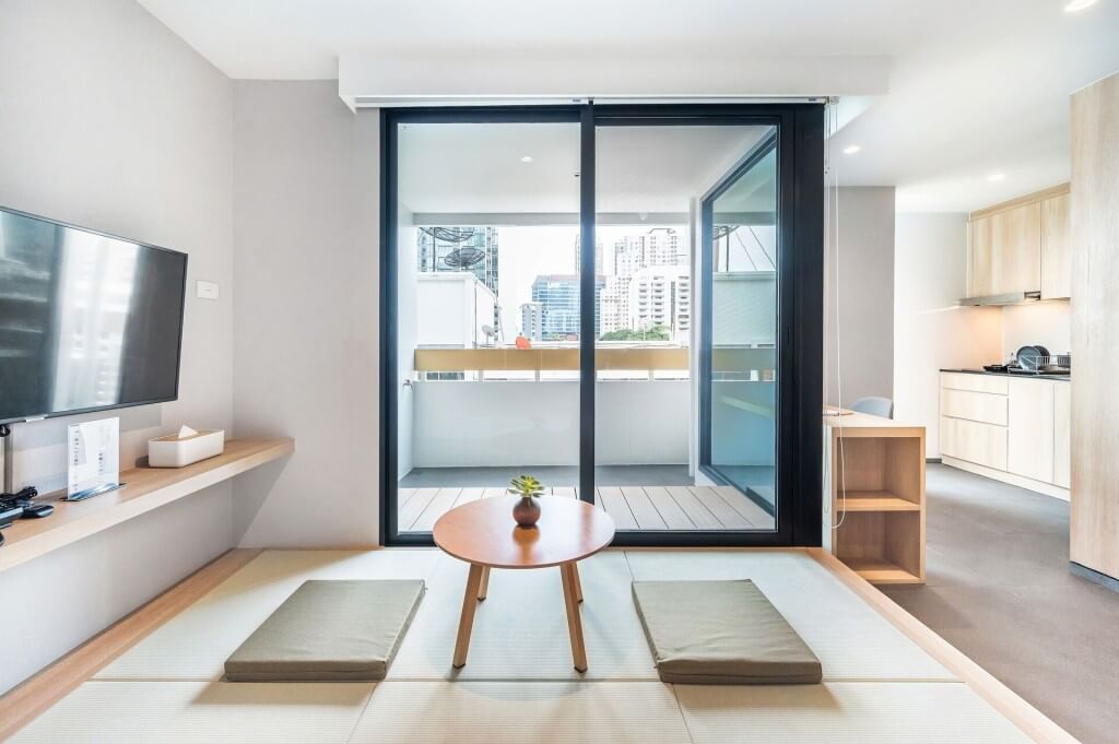 LiveZen Bangkok room with Japanese tatami style interior and comfortable seating