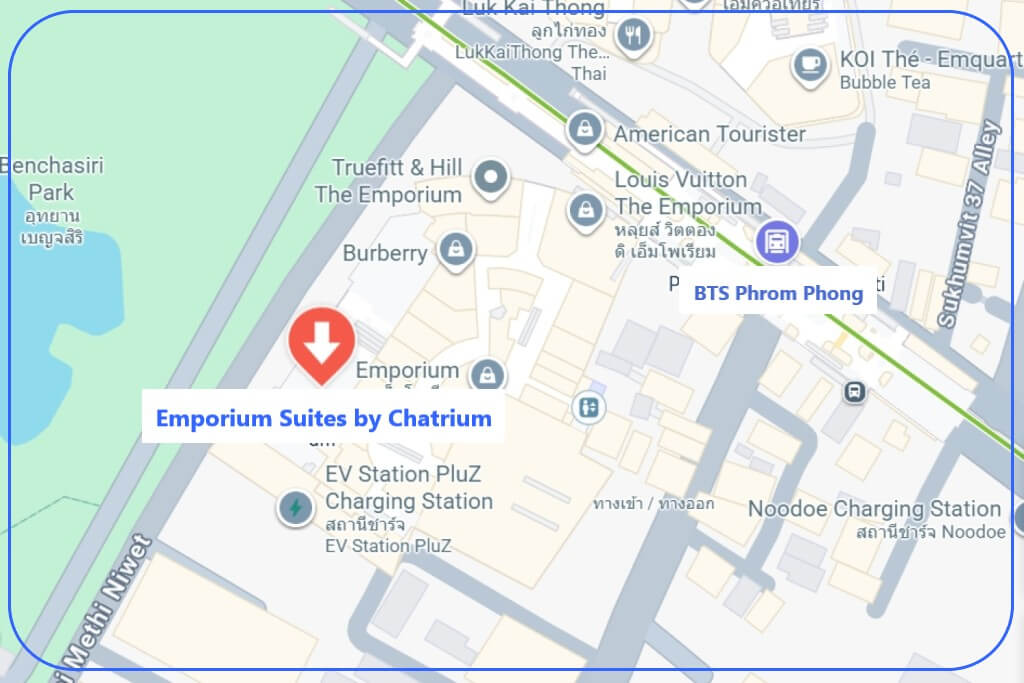 Emporium Suites by Chatrium Bangkok location map showing distance to BTS Phrom Phong and MRT Sukhumvit station