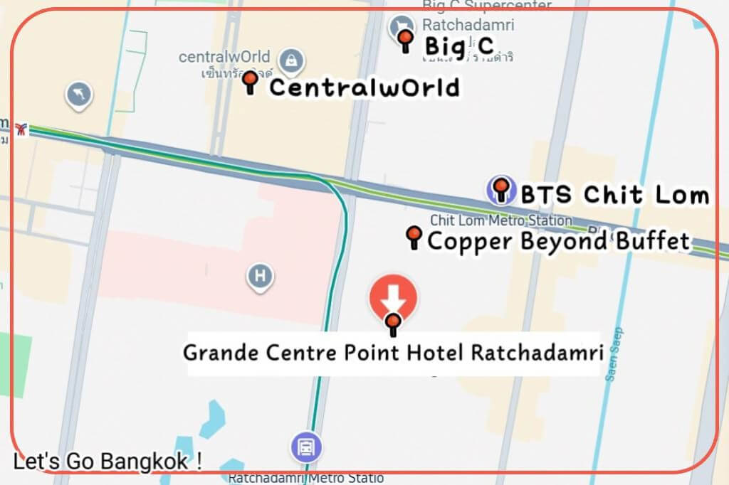 Grande Centre Point Hotel Ratchadamri Bangkok location map to BTS Chit Lom and MRT Ratchadamri stations