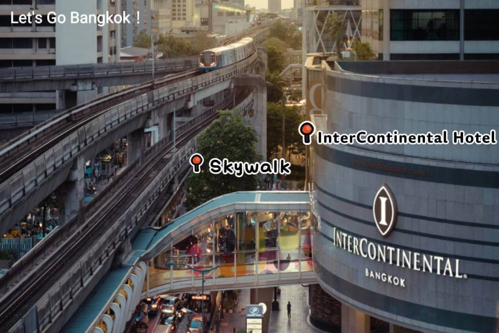 Intercontinental Bangkok skywalk directly connected to BTS Chit Lom station with covered roof
