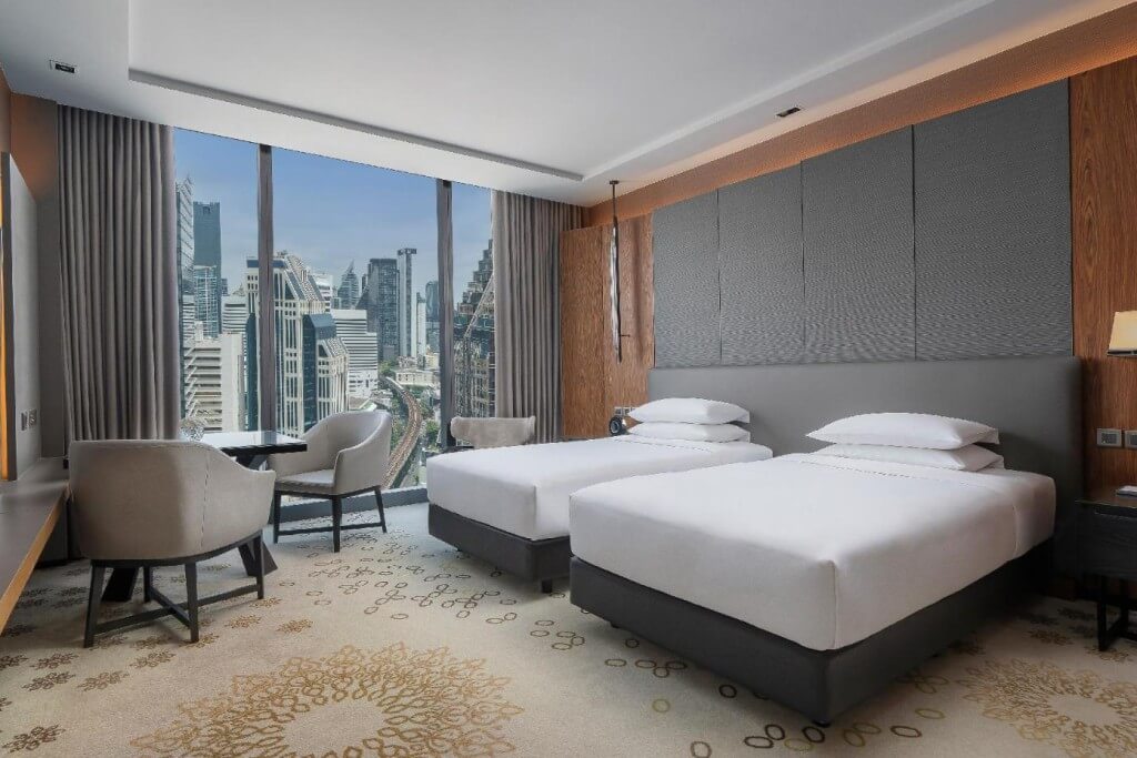 The twin room at Hyatt Regency Bangkok Sukhumvit is also really clean and feels nice — like it's good quality.