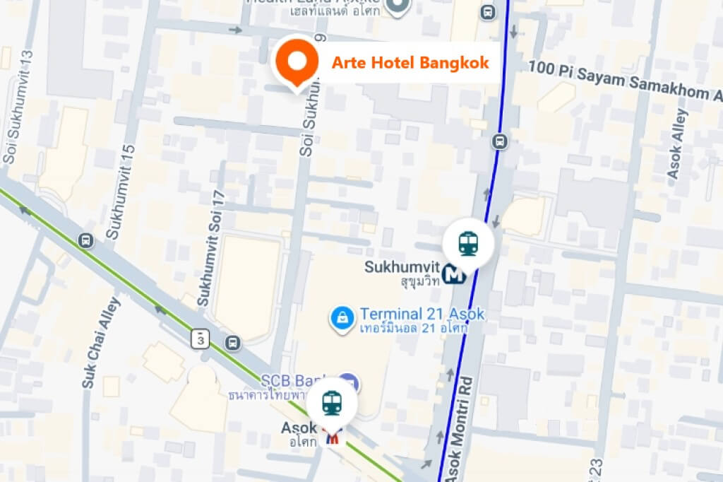Arte Hotel Bangkok location map showing BTS Asok and MRT Sukhumvit stations