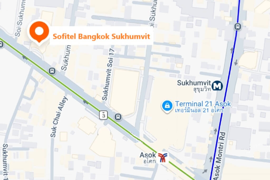 Sofitel Bangkok Sukhumvit location map showing BTS Asok and MRT Sukhumvit stations