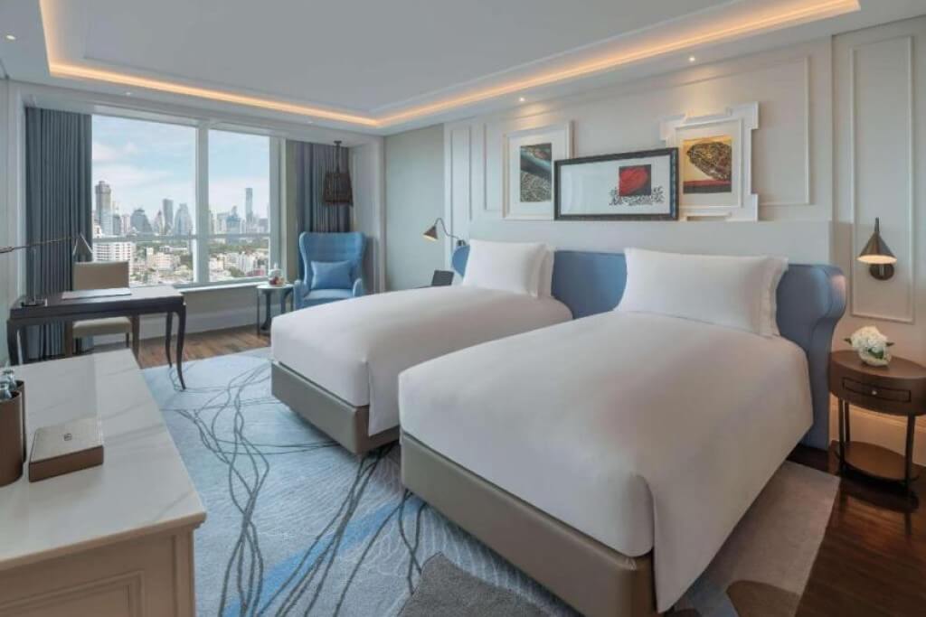 Sofitel Bangkok Sukhumvit twin bed room with city view and large windows