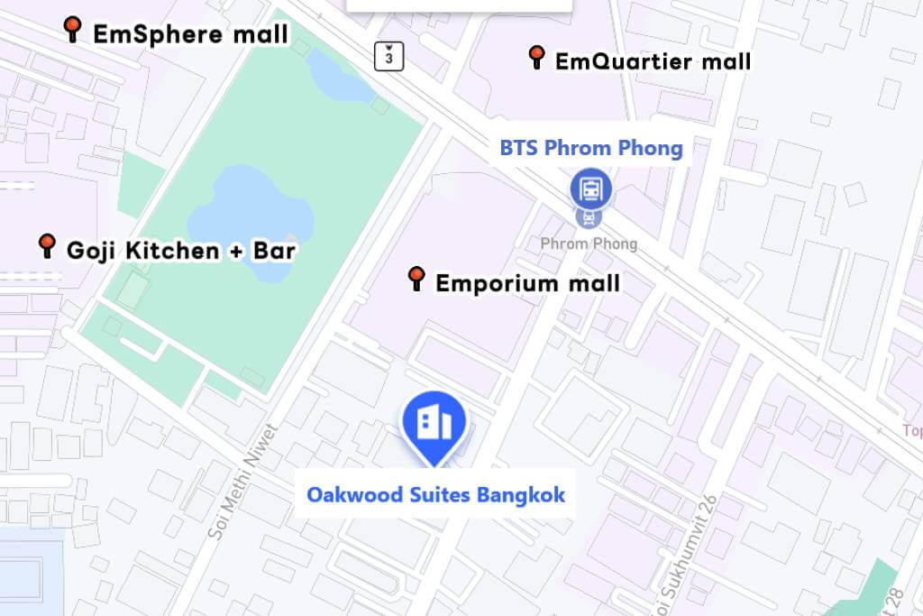 Oakwood Suites Bangkok location map showing BTS Phrom Phong station