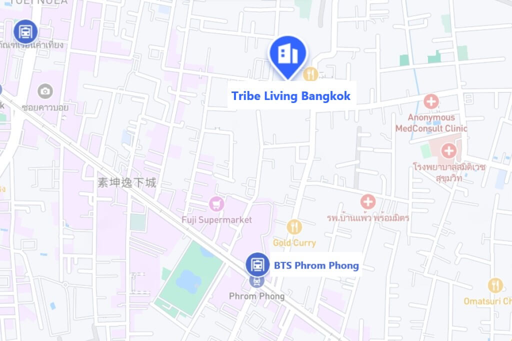 Tribe Living Bangkok Sukhumvit 39 location map showing distance to BTS Phrom Phong station