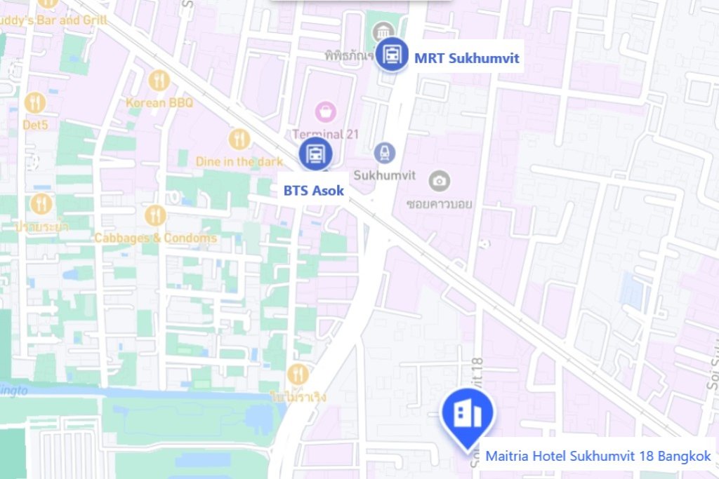 Maitria Hotel Sukhumvit 18 location map showing distance to BTS Asok and MRT Sukhumvit stations