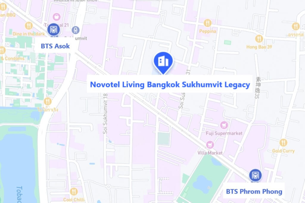 Map showing Novotel Living Legacy location near BTS Asok and BTS Phrom Phong stations