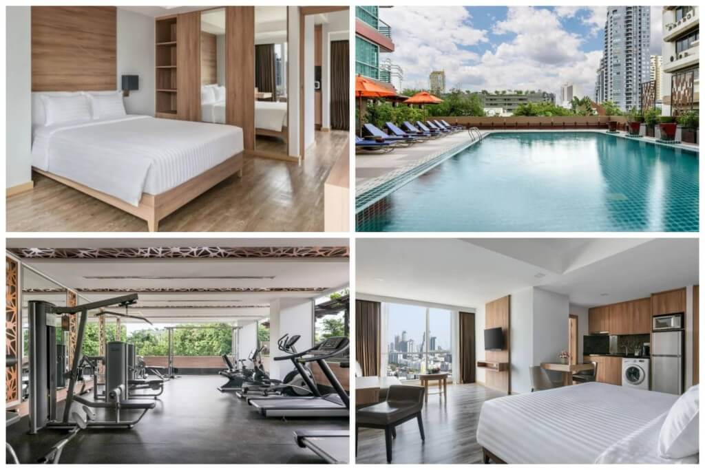 Adelphi Grande Sukhumvit hotel introduction collage showing room interior and pool