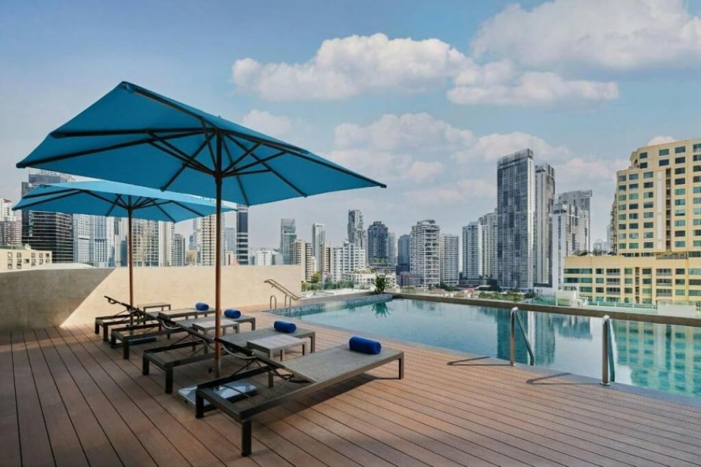 Rooftop swimming pool with open city view at Four Points by Sheraton Bangkok Sukhumvit 22