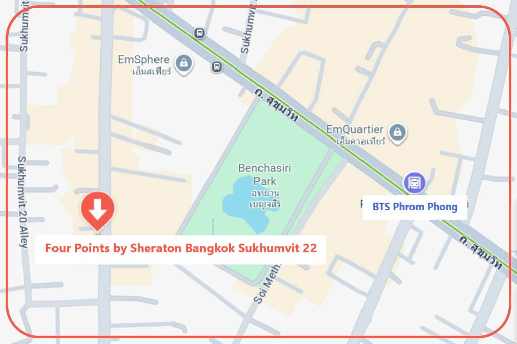 Four Points by Sheraton Bangkok Sukhumvit 22 location map showing distance to BTS Phrom Phong and MRT Sukhumvit stations