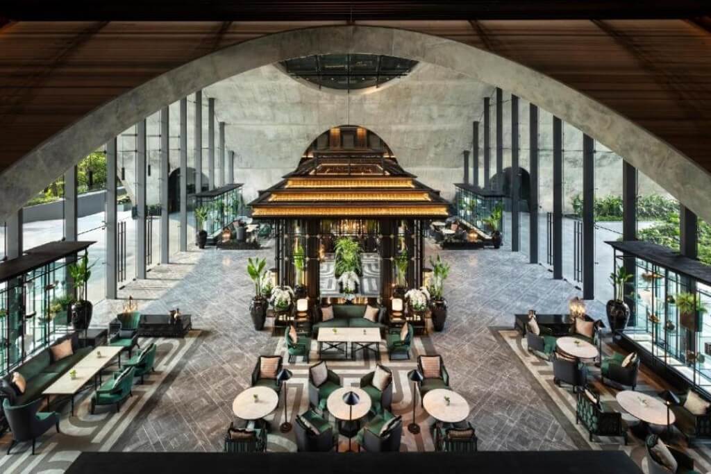 Grand lobby with Thai elements at Sindhorn Kempinski Hotel Bangkok