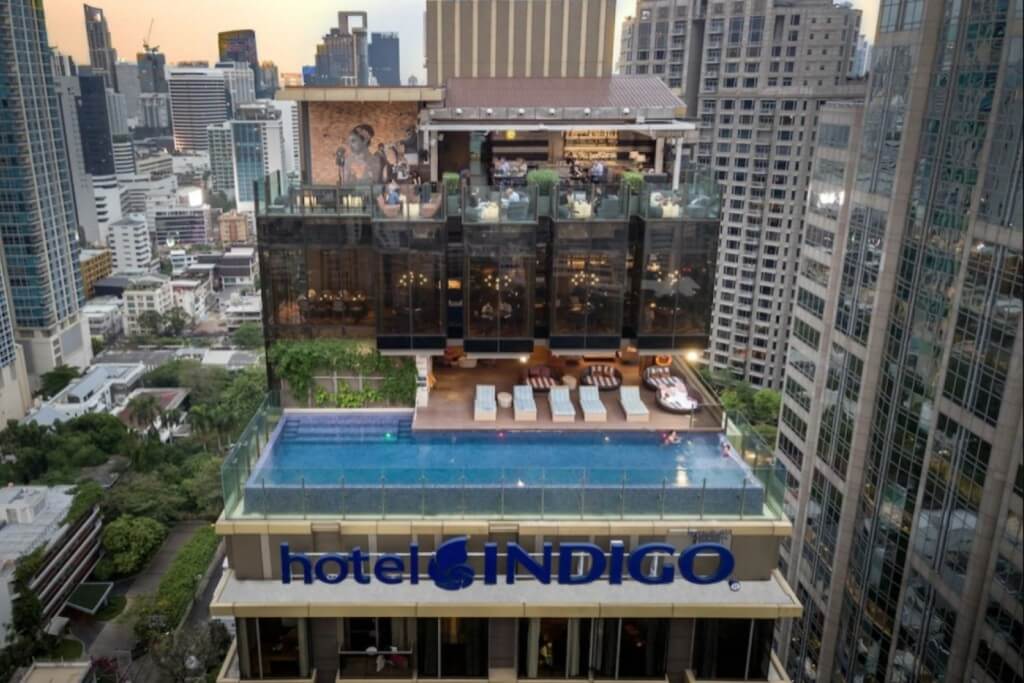 Hotel Indigo Bangkok Wireless Road rooftop infinity pool and bar area on 24th floor with Bangkok skyline