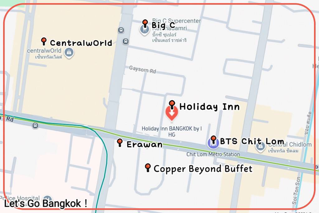 Holiday Inn Bangkok location map walking distance to BTS Chit Lom station and Central World