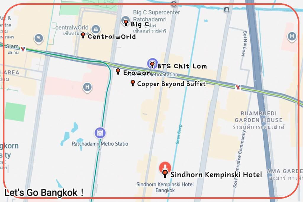 Sindhorn Kempinski Hotel Bangkok location map showing distance to BTS Chit Lom station and shuttle bus route