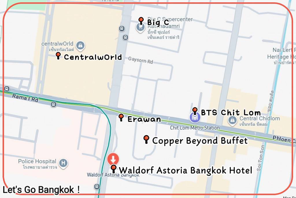 Map showing Waldorf Astoria Bangkok location walking distance to BTS Chit Lom station and CentralWorld