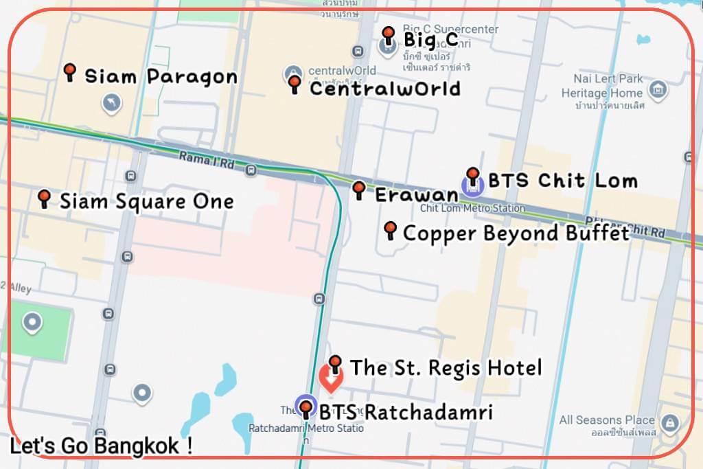 location map of The St. Regis Bangkok showing walking distance to BTS Ratchadamri and Chit Lom stations