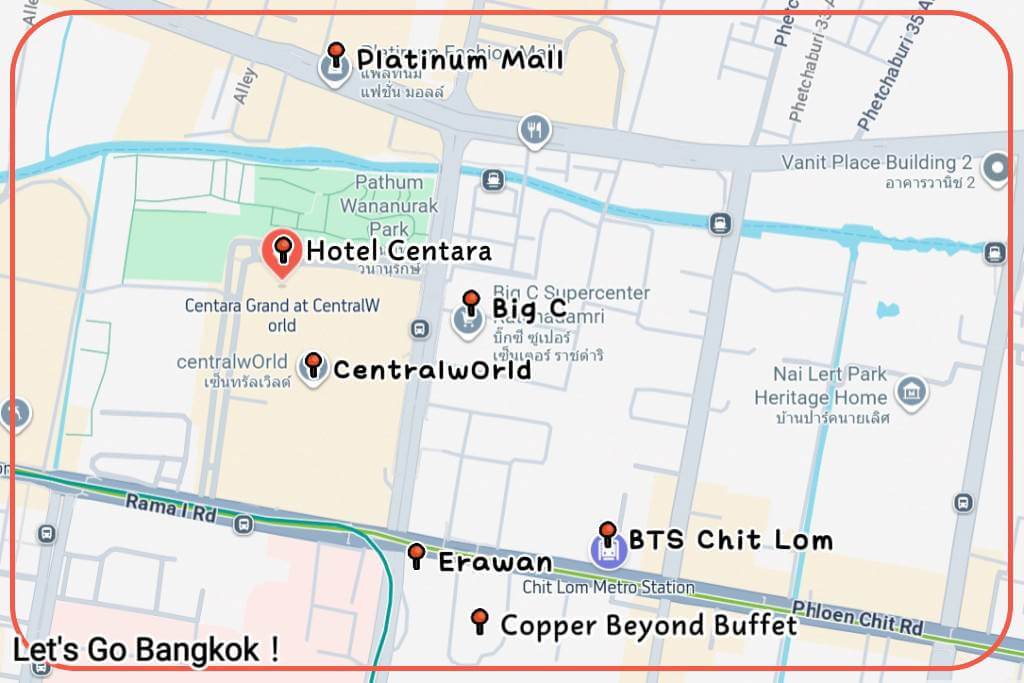 Centara Grand at Centralworld location map walking distance to BTS Chit Lom station