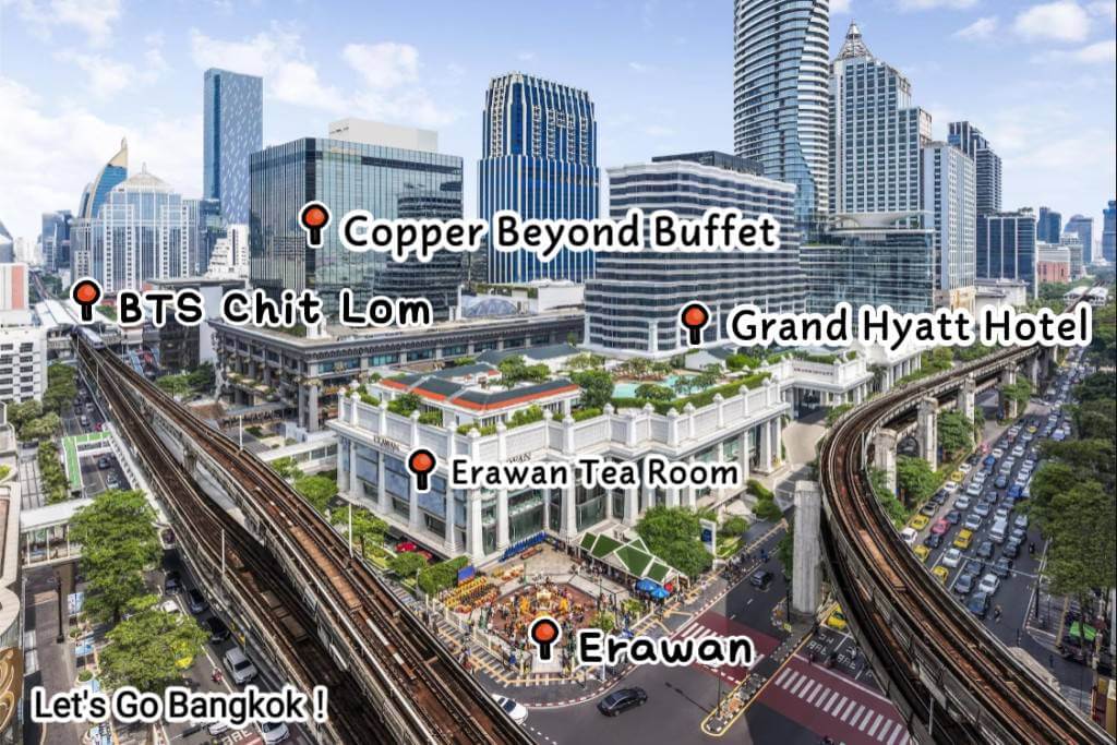 Erawan shrine intersection with Grand Hyatt Erawan Bangkok and BTS Chit Lom station