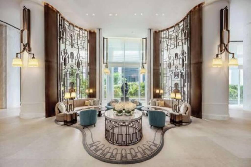 Grand and luxurious high ceiling lobby of Waldorf Astoria Bangkok hotel