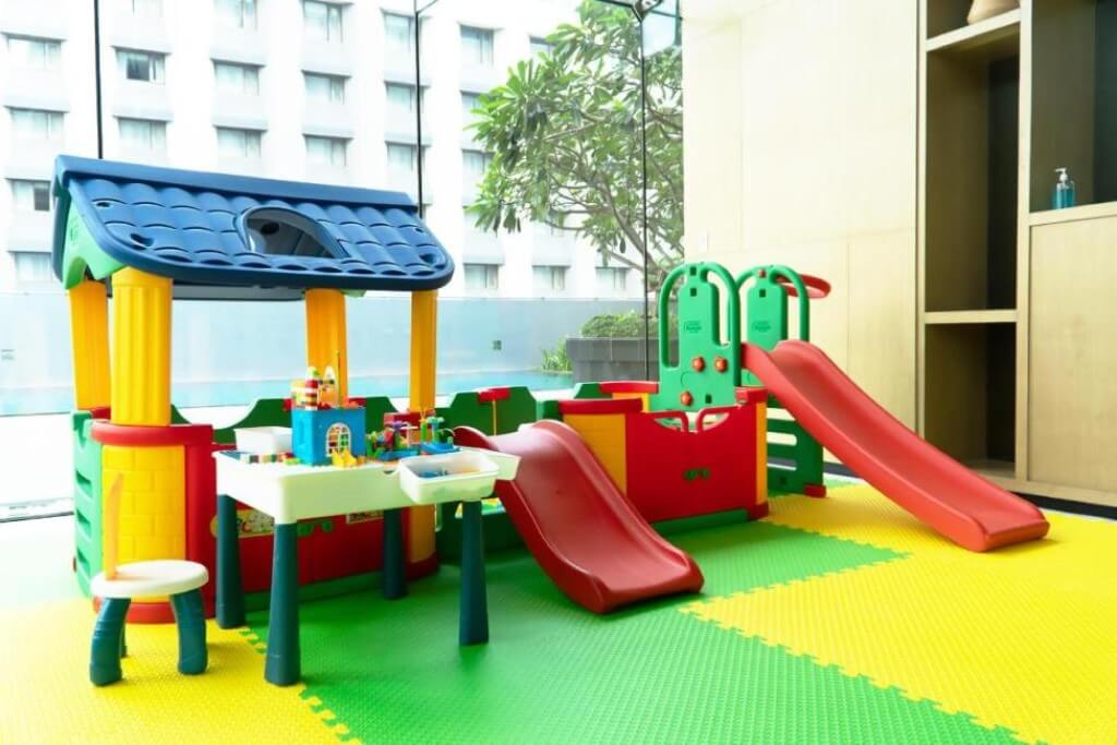 Kids play area with slide ball pit and building blocks at Hotel Nikko Bangkok