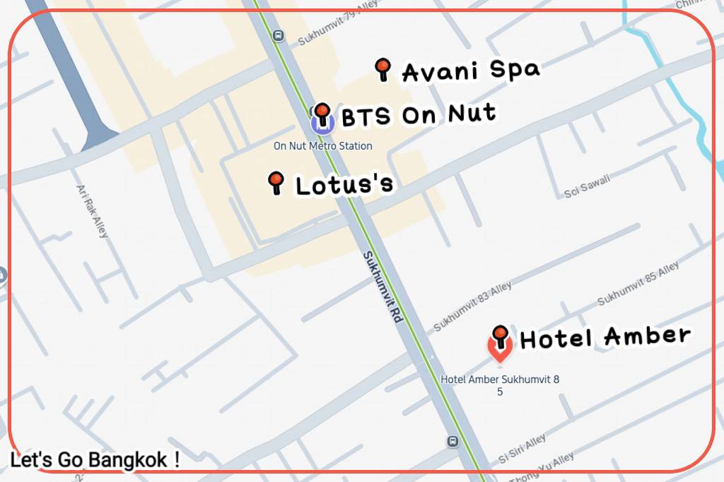 Hotel Amber Sukhumvit 85 location map walking distance to BTS On Nut station