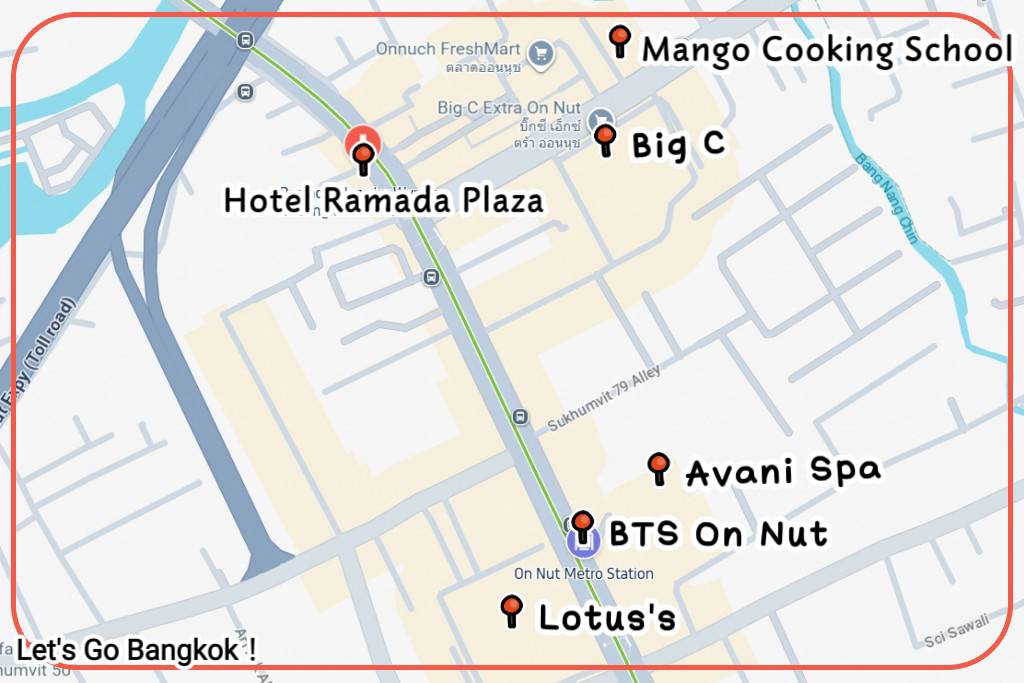 Walking distance map from Ramada Plaza by Wyndham Bangkok Sukhumvit 48 to BTS On Nut station