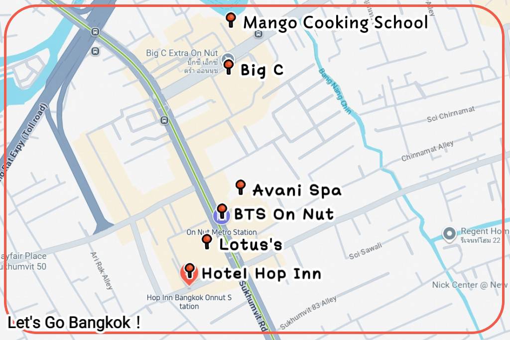 Map showing Hop Inn On Nut location 3 minute walk from BTS On Nut station