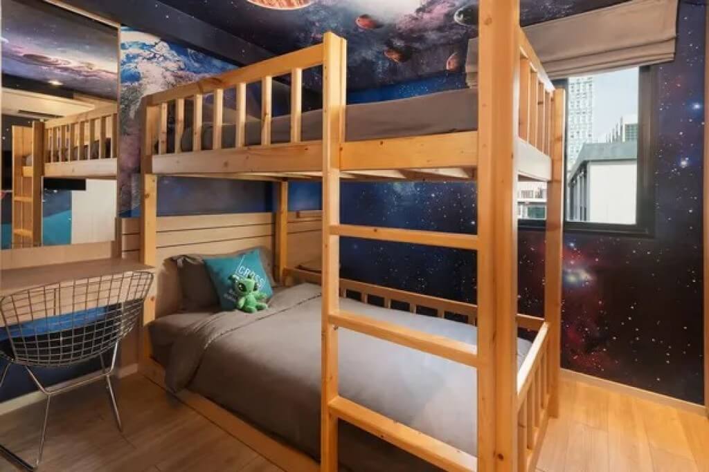 Galaxy universe themed mural wall art in kids bedroom of family suite at Cross Vibe Bangkok Sukhumvit hotel near BTS On Nut