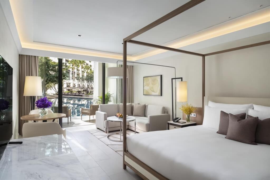 Siam Kempinski Hotel Bangkok Kawana room view from bed to floor-to-ceiling window