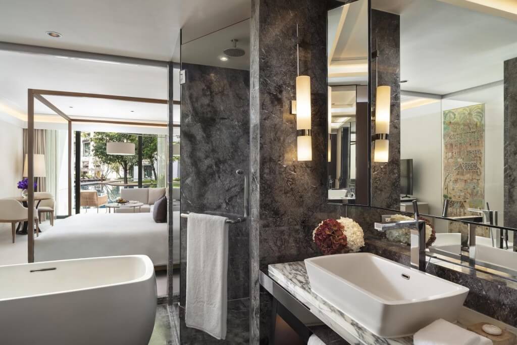 Siam Kempinski Hotel Bangkok Kawana room view from bathroom to bedroom