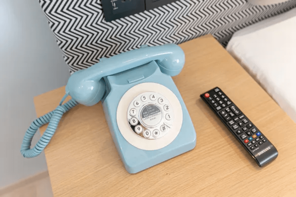 Retro telephone shaped TV in twin suite at Sacha Thonglor